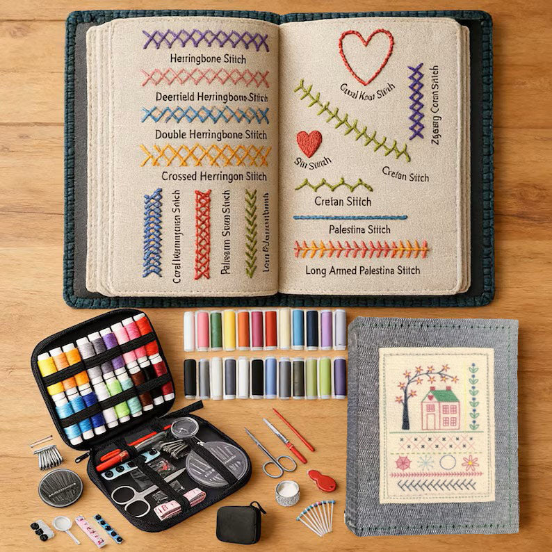 All-in-One Embroidery Starter Kit | Complete Craft Set with Threads, Tools and Stitch Sampler Book for Beginners